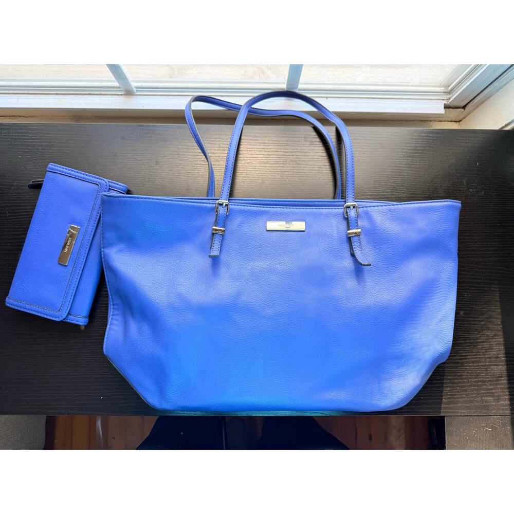 Nine West Blue Tote Bag Large Shoulder Handbag w/ MATCHING WALLET Faux Leather